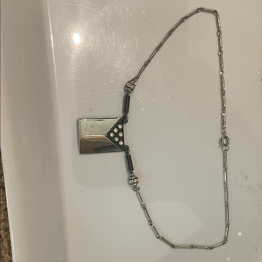 Silver-tone Geometric Pendant Necklace with Crystal Accents